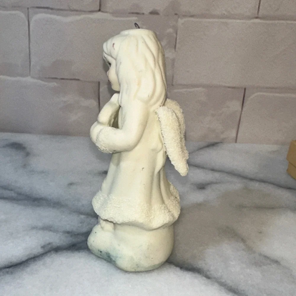 Vintage Ceramic Angel Girl Figurine Harp Christmas Ornament White Textured 4in